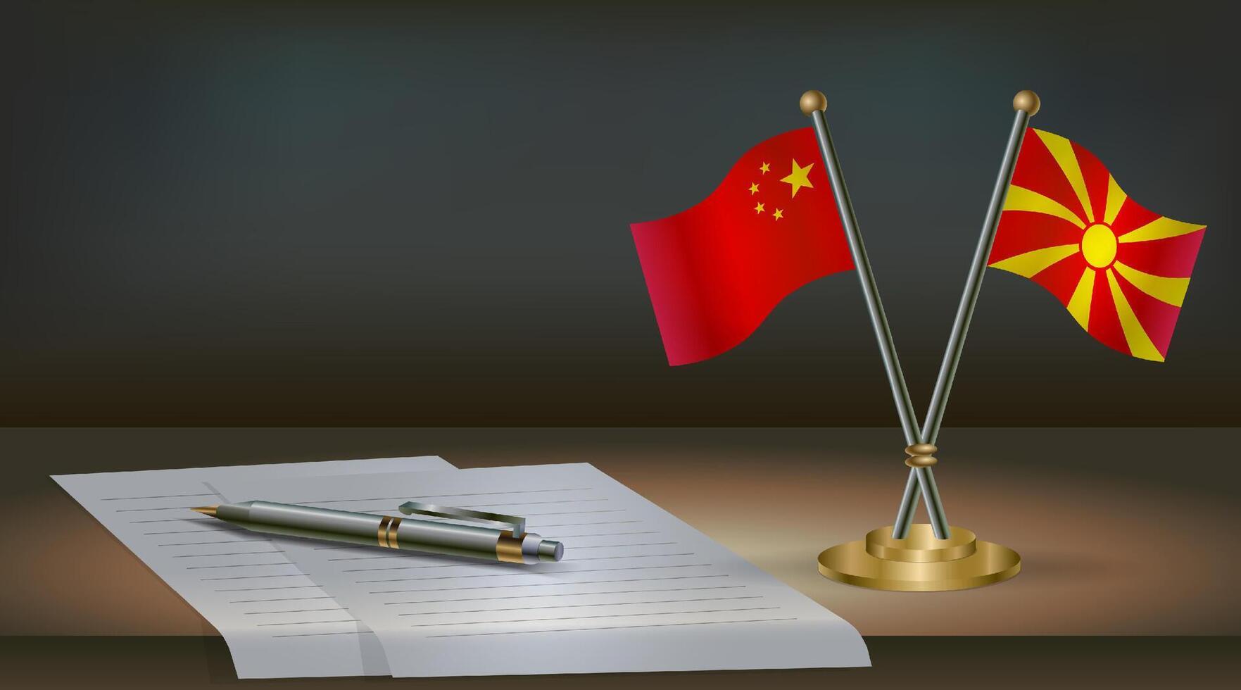 China and Macedonia flags on table in office. International relations on a dark gradient color background. vector