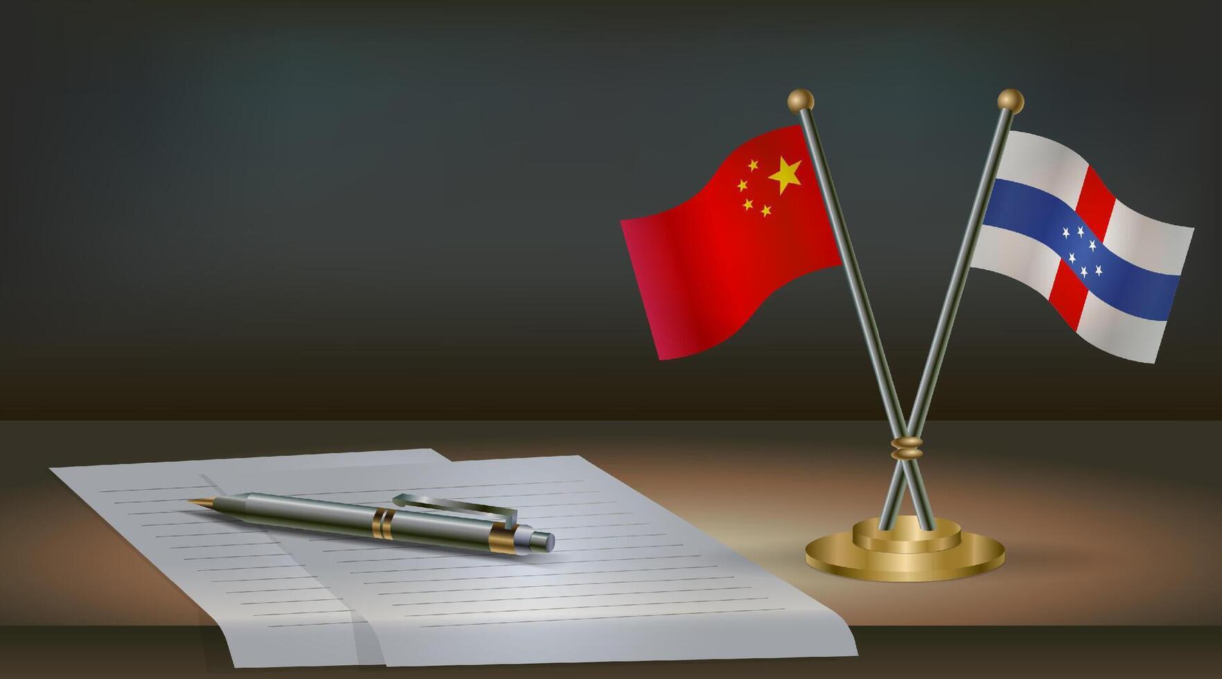 China and Netherlands Antilles flags on table in office. International relations on a dark gradient color background. vector