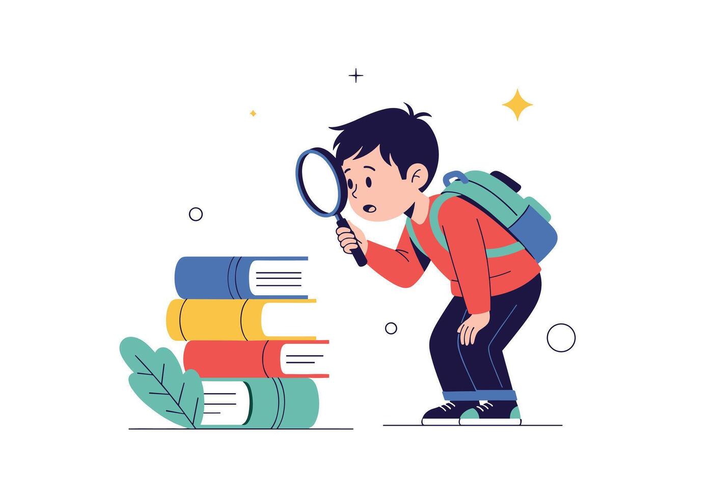 Curious young boy with backpack using a magnifying glass to examine a stack of colorful books on white background. vector