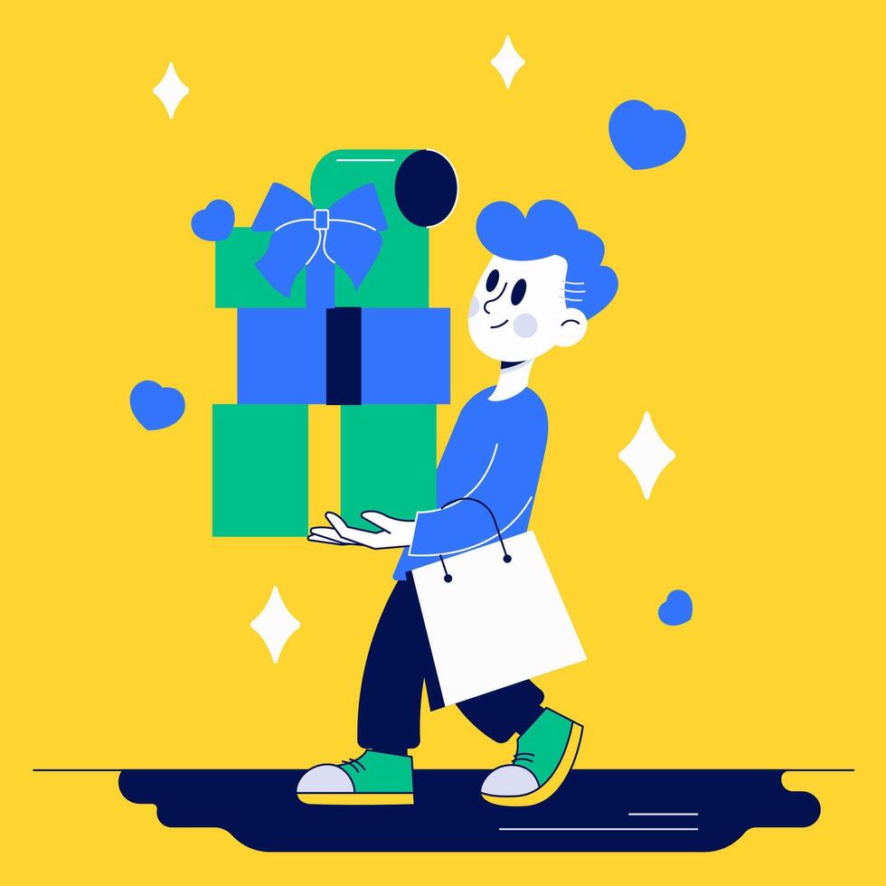 A person walks while balancing a tall stack of holiday presents. The character holds shopping bags in one hand and appears focused. The background is bright and colorful. vector