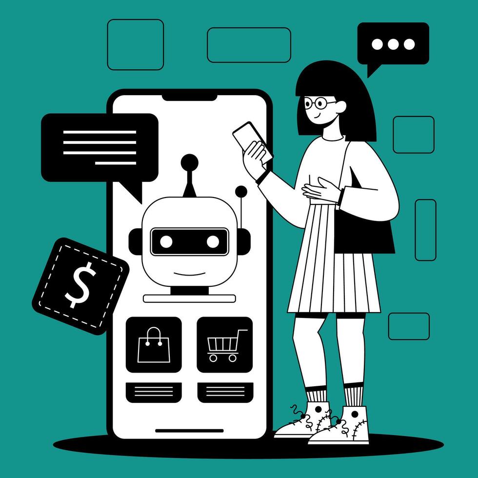 A person interacts with a chatbot on a mobile screen for customer support. The setting focuses on online shopping. The chatbot provides answers to inquiries about products. vector
