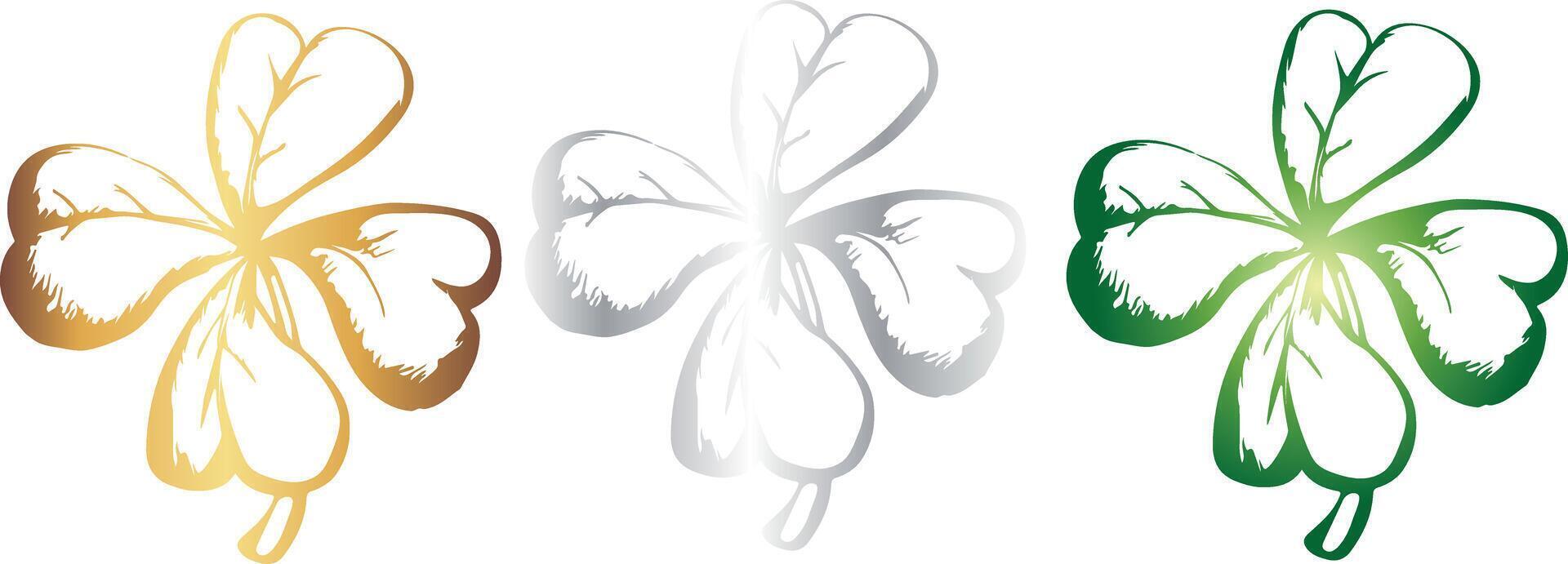 set of four-leaf clovers with different gradients in sketch style, for holiday designs, invitations, flyers or decorative frames vector