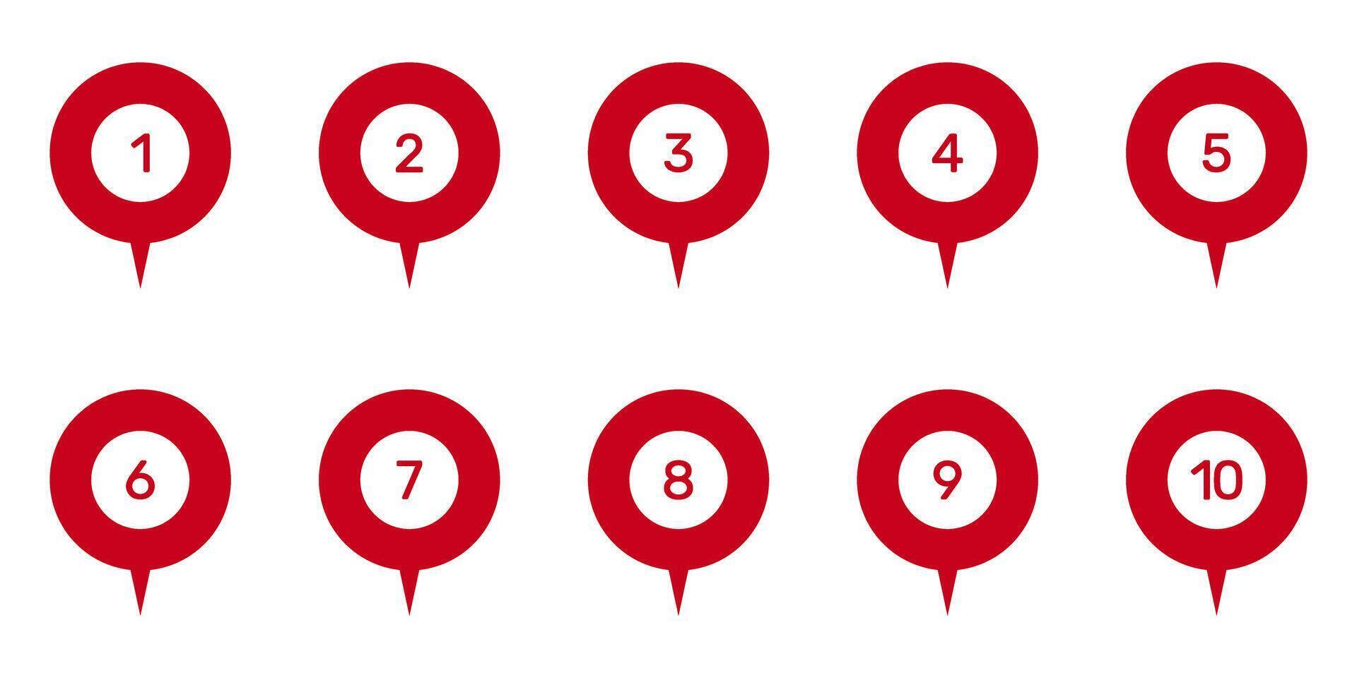 Numbered Location Pin Markers for Navigation and Mapping Icon Set. Geographic Position Indicators and Route Point Pins for Maps and Tracking Symbol Collection. Isolated Illustration vector