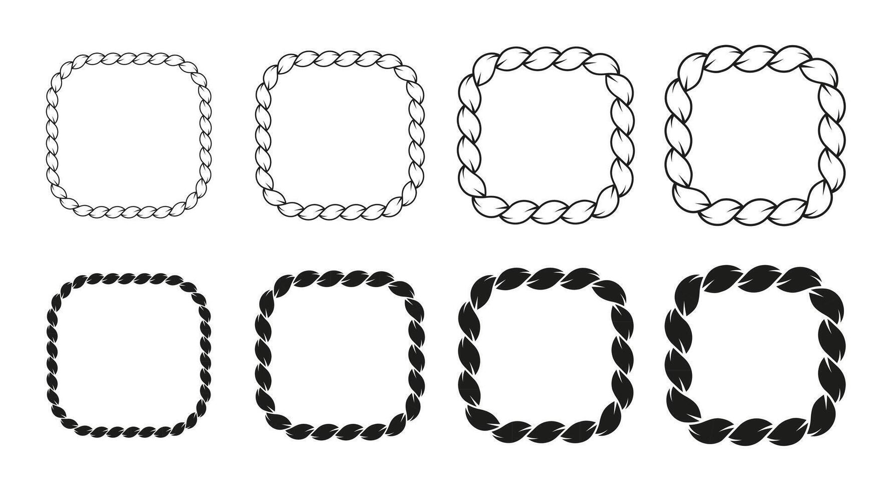 Square rope frame bundle a pack of rectangular cord borders, including chain, braid, and plait designs. Ideal for decorative banners, posters, and booklet layouts vector