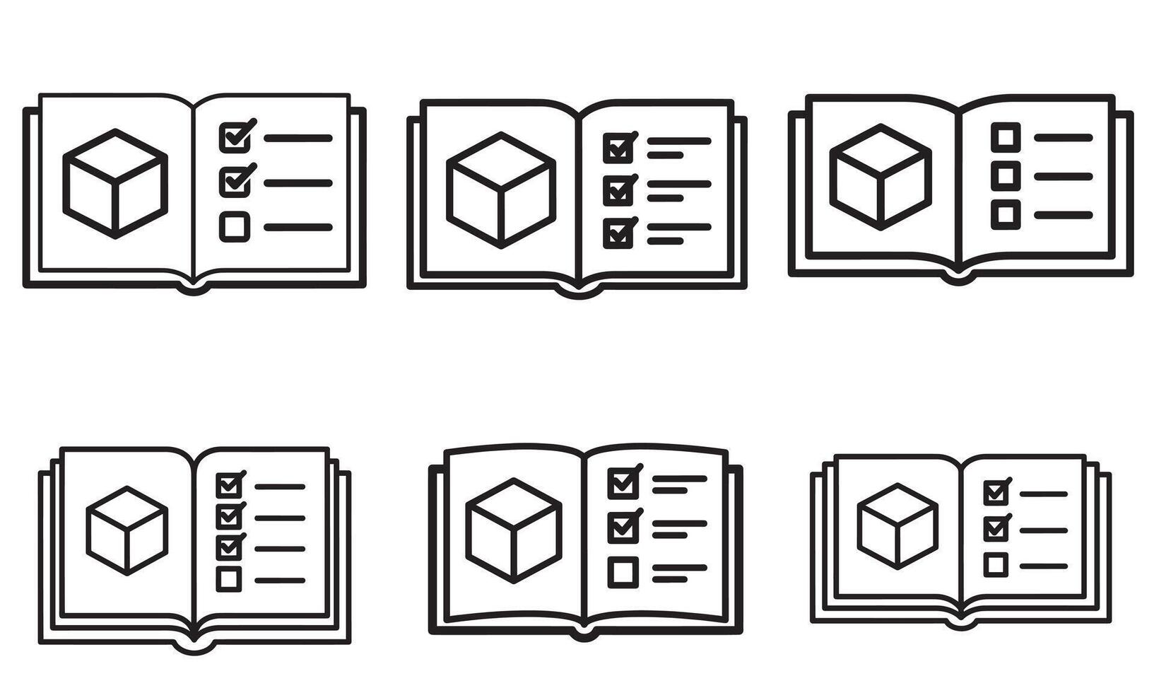 Line art icon set of a manual or checklist with a 3d box for product documentation vector