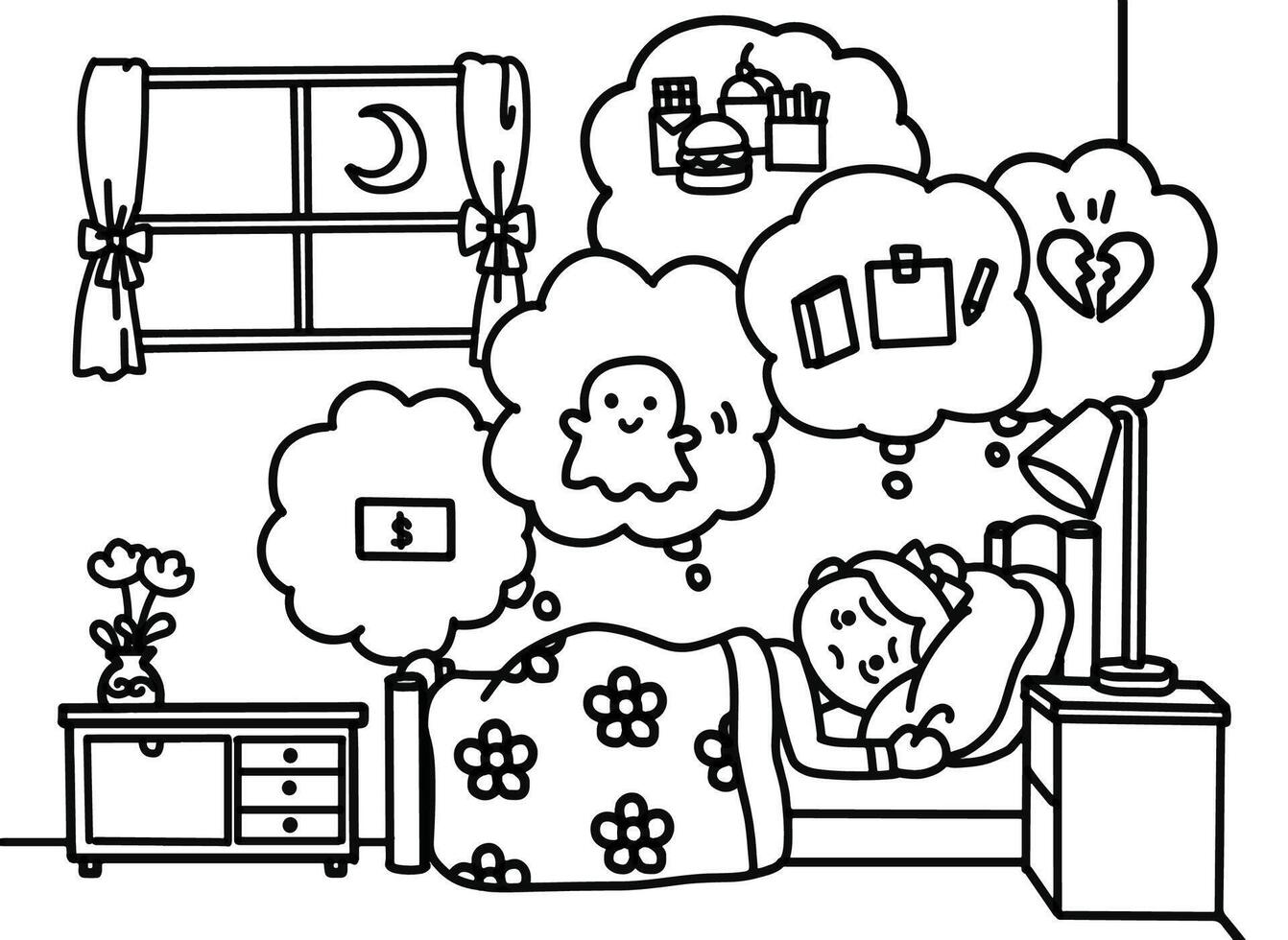 Insomnia and night overthinking coloring pages style. vector