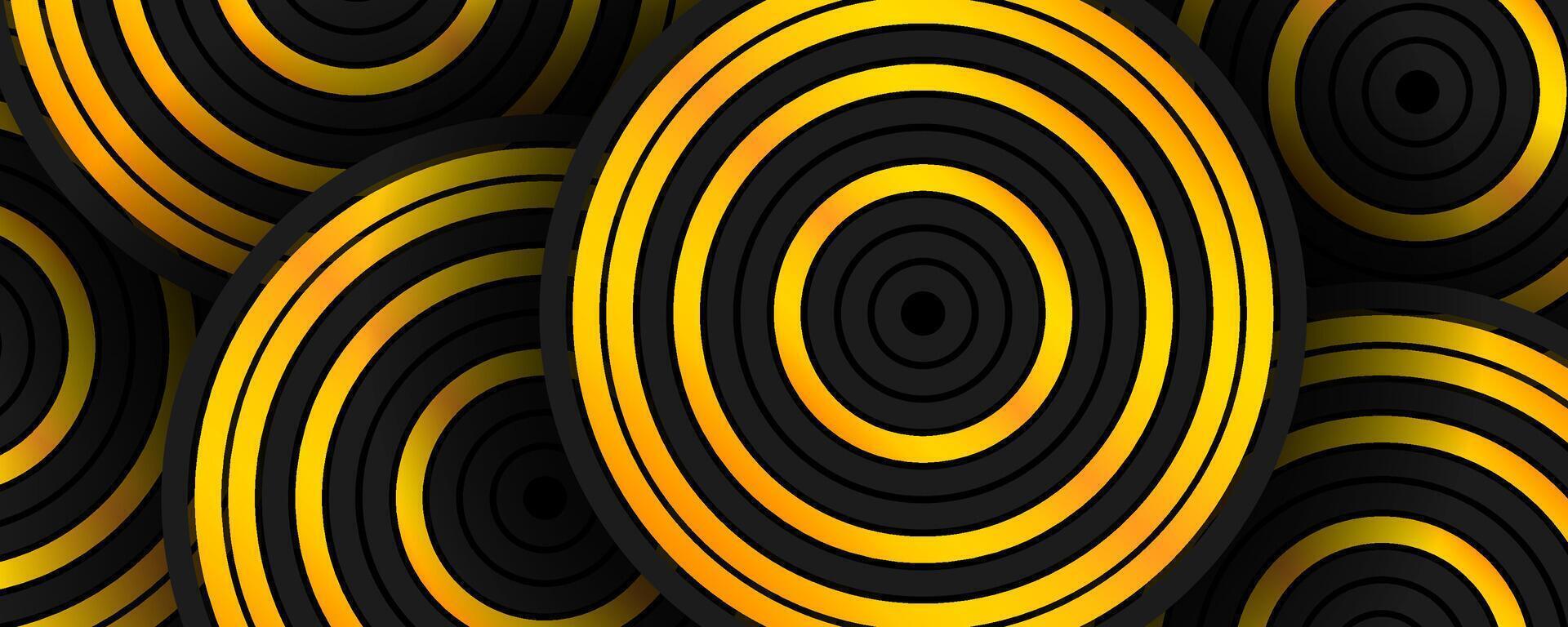 3D black yellow abstract background overlap layer on dark space with circles effect decoration. Modern graphic design element cutout style concept for web banner, art, flyer, card, or brochure cover vector