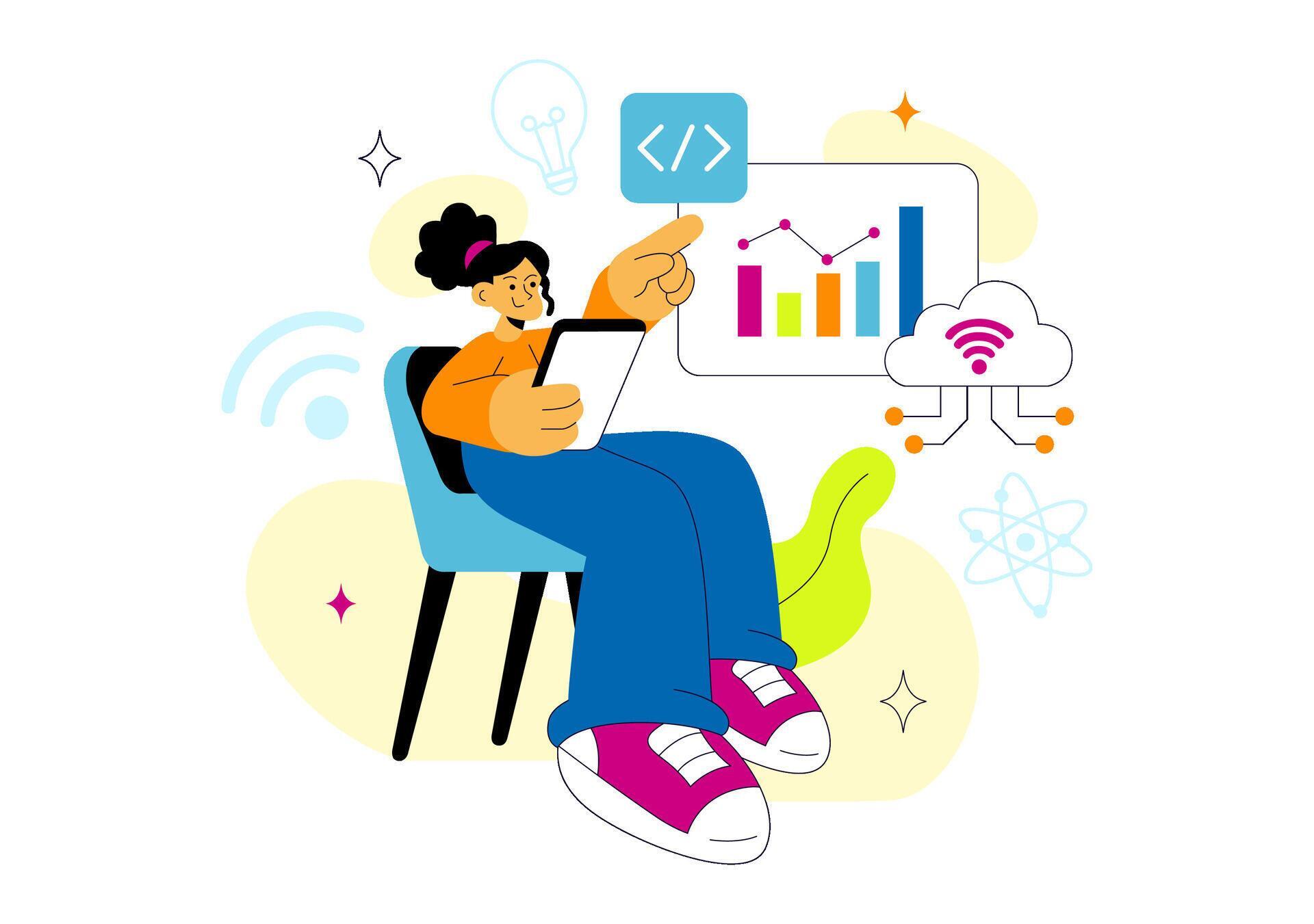 Person Analyzing Data on Tablet with Coding Elements 77034868 Vector ...
