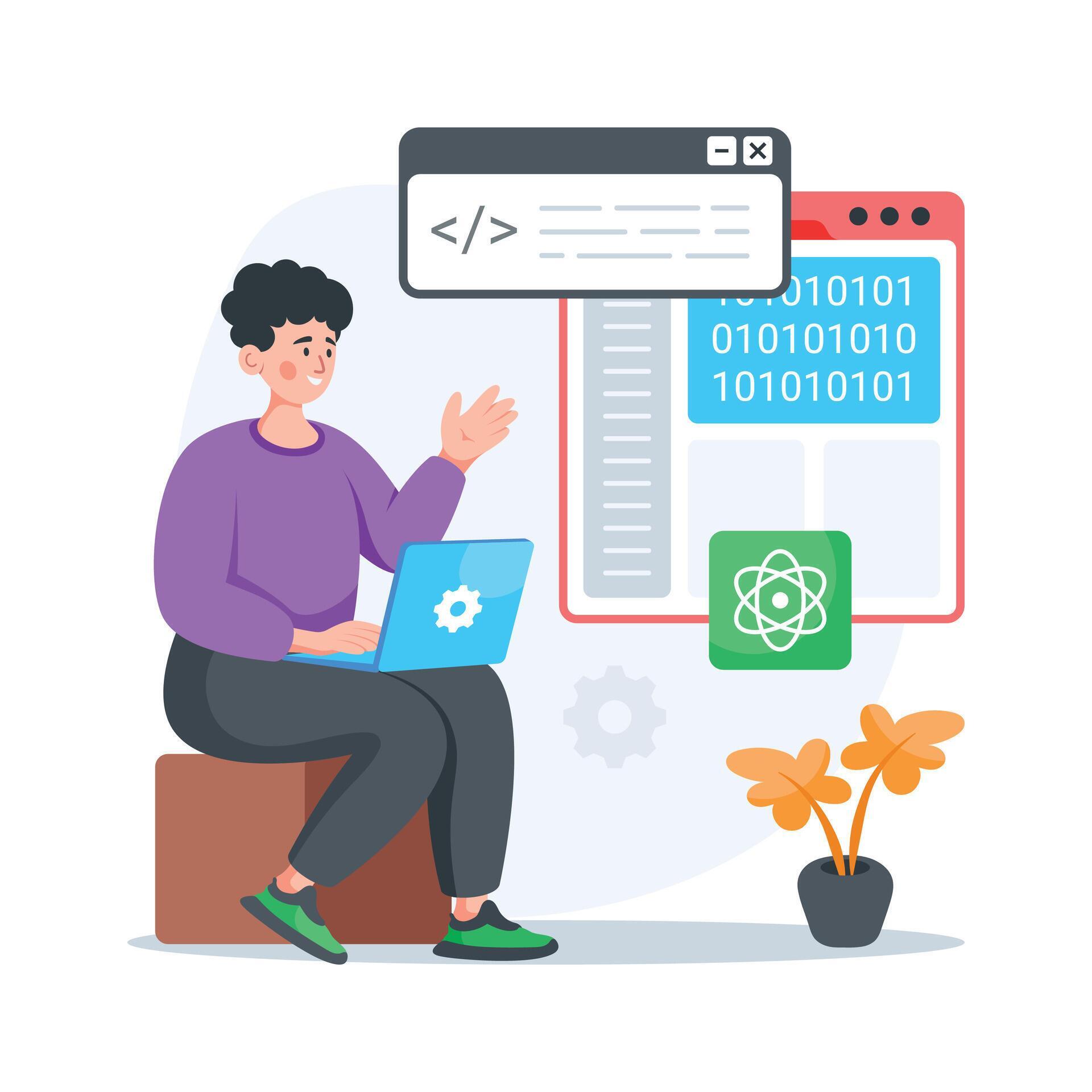 Web Developer Coding with Laptop and Online Resources 77195554 Vector ...