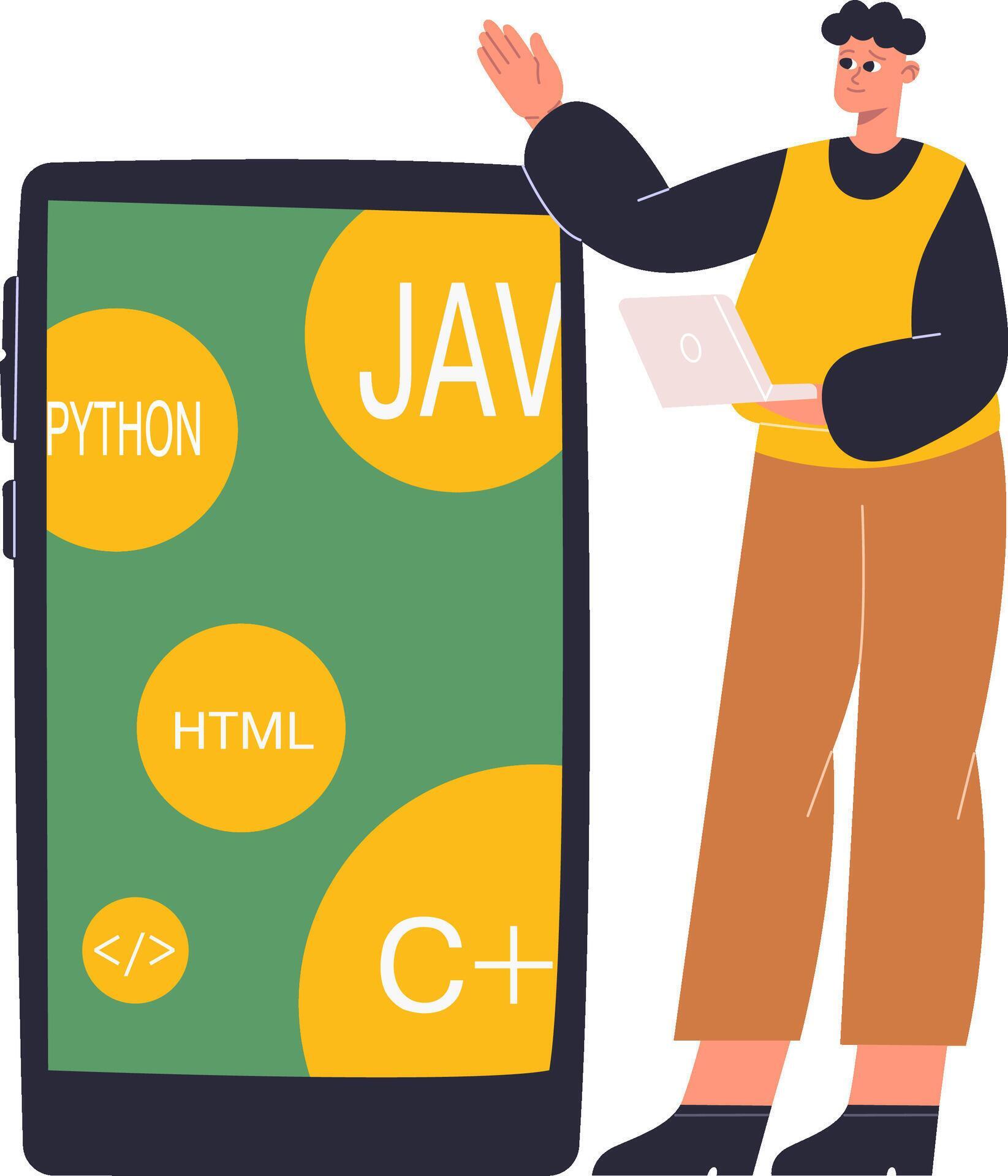 Developer presenting mobile programming languages like Python, Java ...