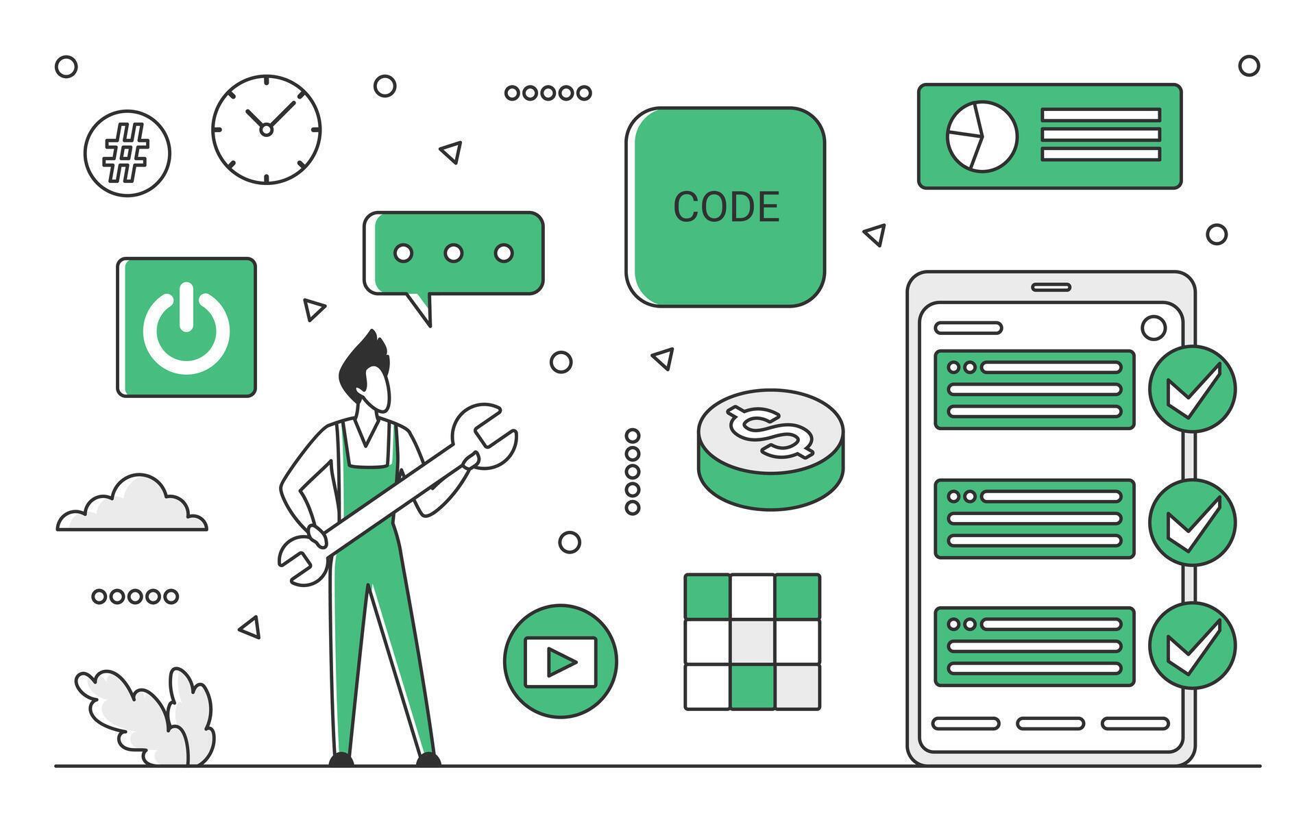 Code debugging process. Quality assurance engineer, software testing ...