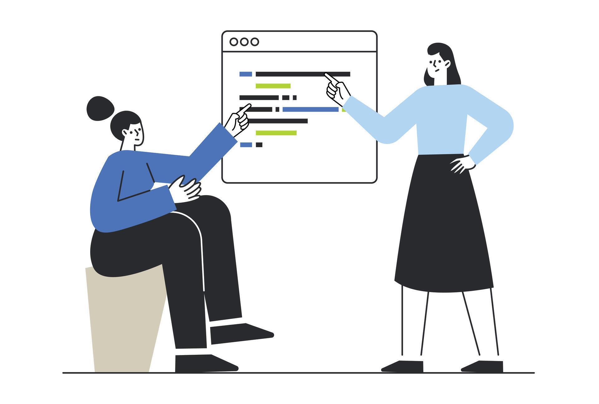 Two female software developers collaborating on website source code ...