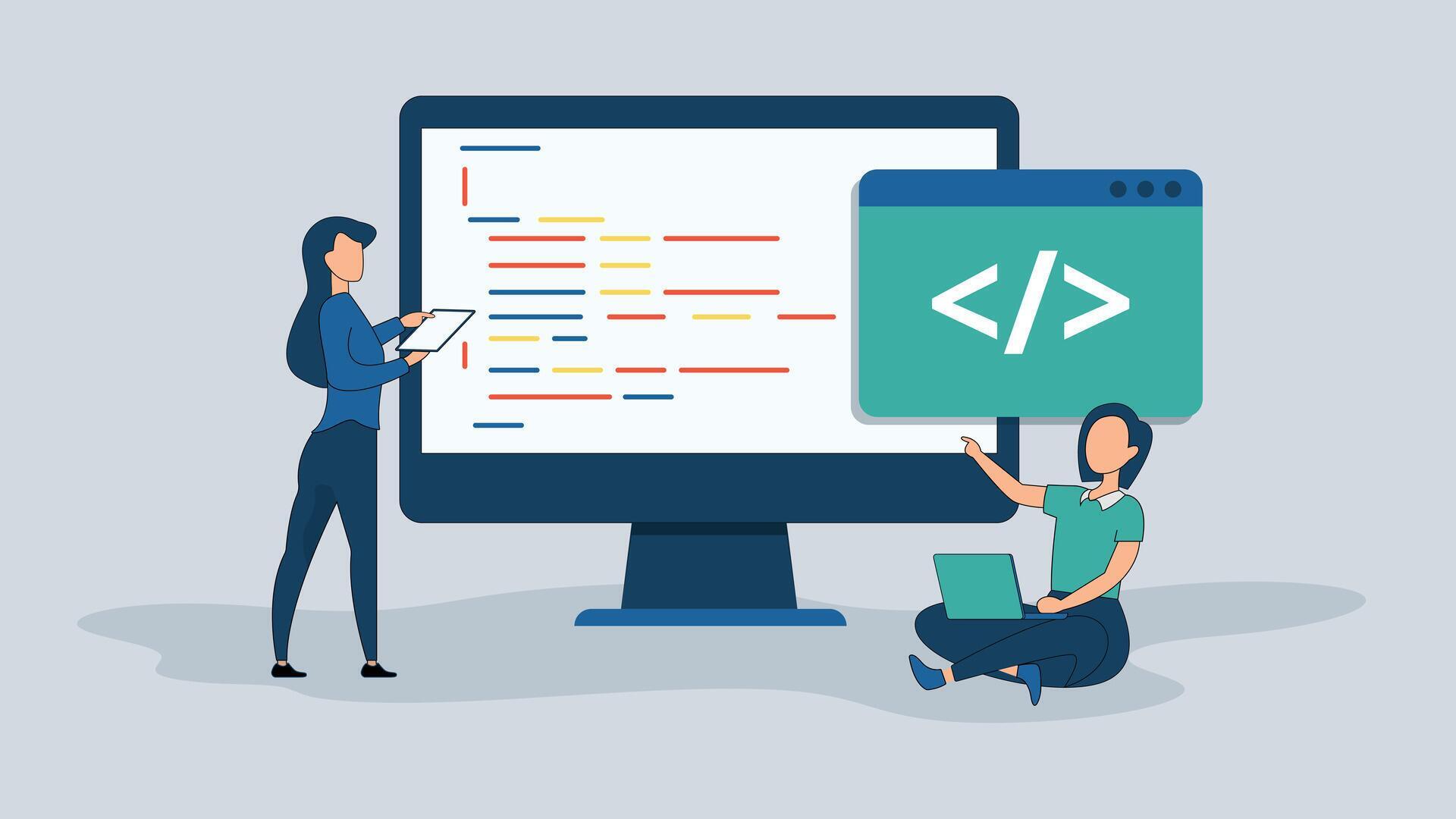 Software development coding concept with programmers working on ...