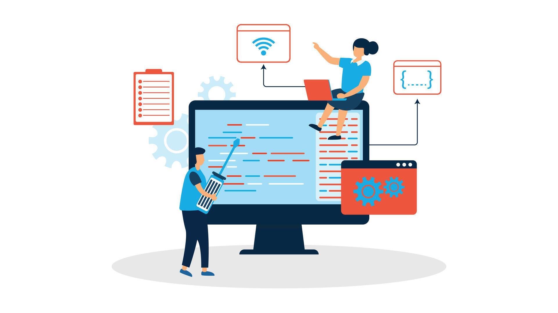 Software development teamwork concept with programmers coding on ...