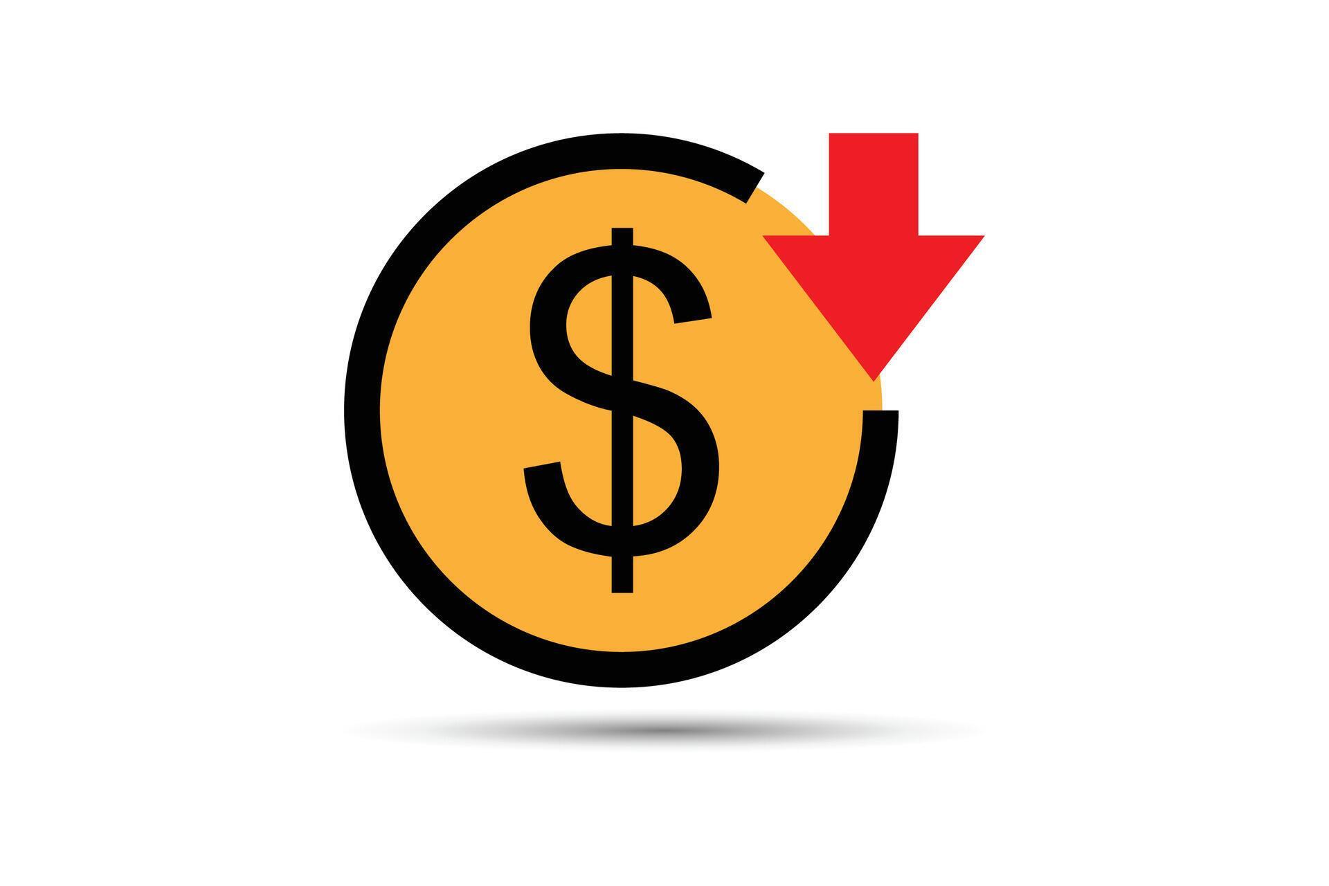 Dollar Coin With Red Down Arrow Symbolizing Falling Price, Decrease In ...