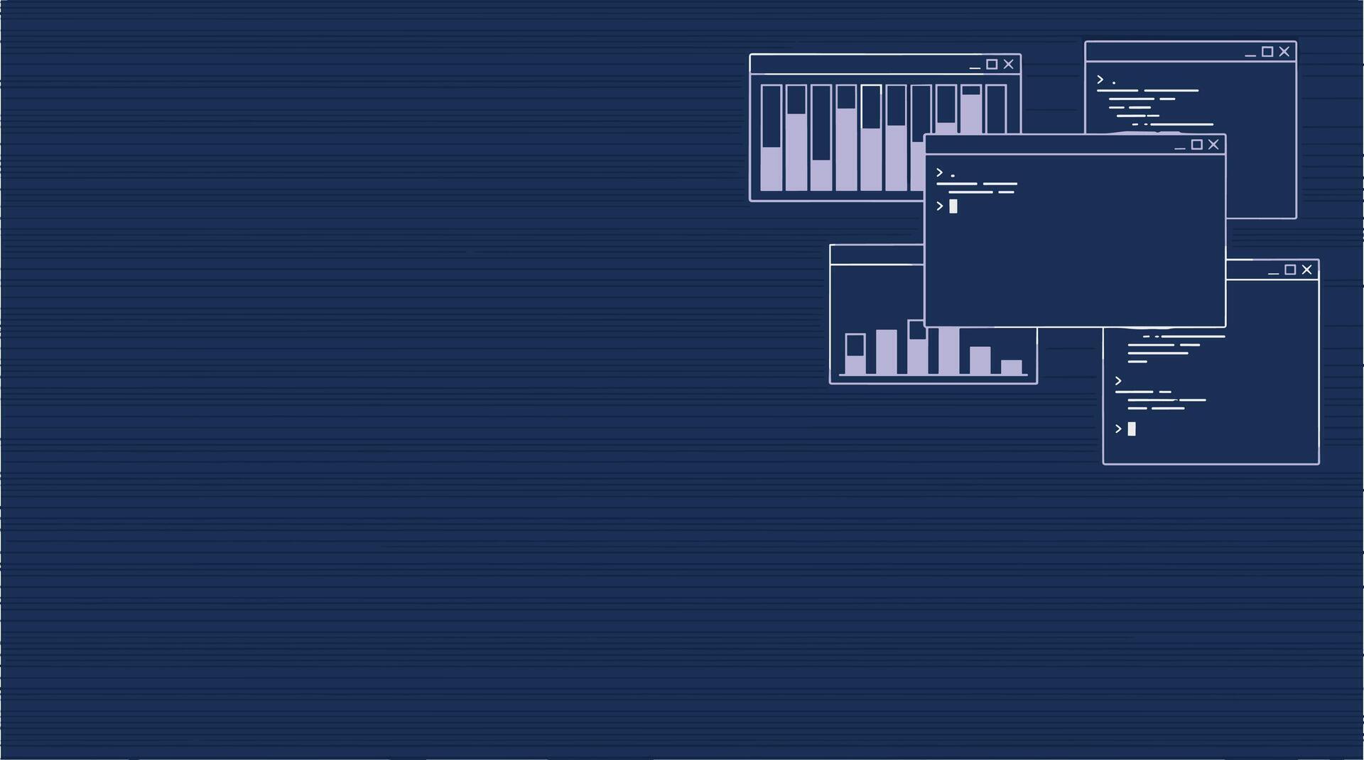 Software development interface with data charts and code windows ...
