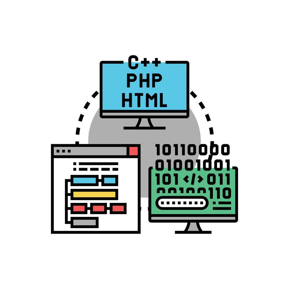 Diverse programming language categories coding variants development process vector
