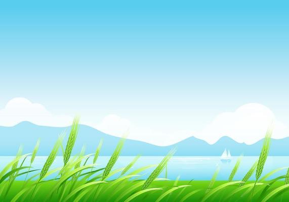 Spring Wheat and Mountains Landscape Wallpaper Vector