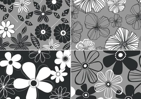 Black and White Retro Floral Background Vector Four Pack