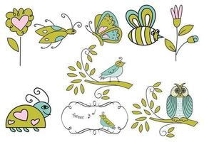 Hand Drawn Insect, Flower, and Bird Vectors