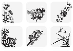 Japanese Reeds and Floral Branches Vector Set