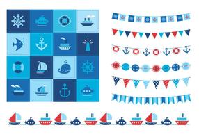 Summertime Ocean Icons and Buntings Vector Set