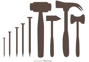 Silhouette Hammer And Nail Icons Vector Pack