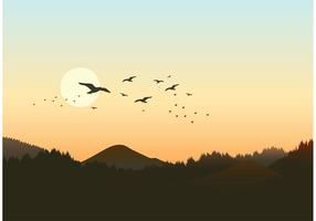 Free Forest Landscape With Flock Of Birds Vector
