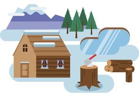 Log Cabin Snowy Landscape Vector