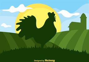 Rooster Silhouette In Green Hills vector