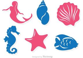 Mermaid and Sealife Silhouette Vector Icons