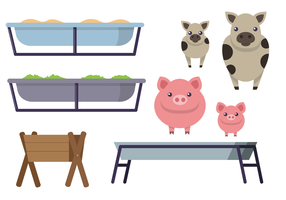 Feeding Trough With Animals Vector Set