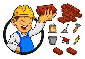 Bricklayer And Tools Icon Vector