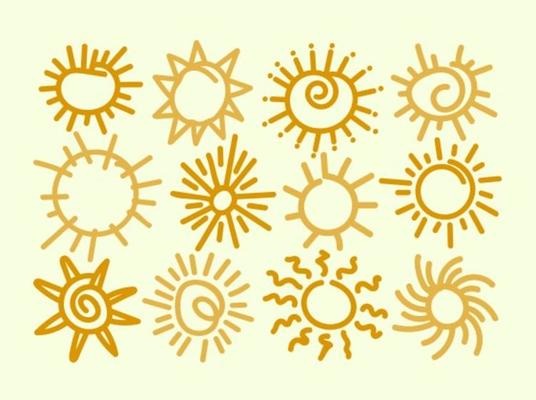 Set Of 12 Hand Drawn Suns Vector Elements