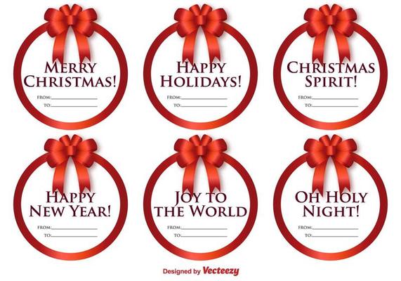 Vector Set Of Round Labels With Christmas Messages And Bows