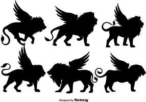 Vector Set Of Black Winged Lions Silhouettes