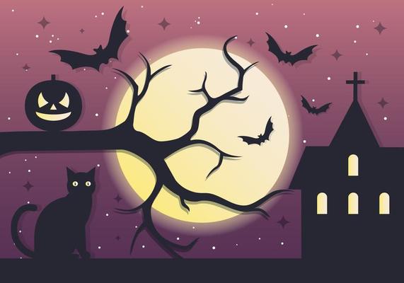 Spooky Tree Halloween Night Vector Background