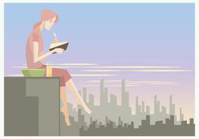 A Girl Reading a Book While Eating Snacks at the Rooftop Vector