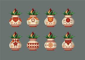 Conjunto de ilustración vectorial de kalash con hojas de coco y mango vector