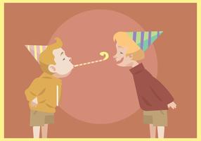 Two Kids With Party Blower and Hat Vector