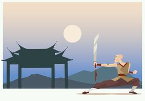 Shaolin Monk Performing Wushu With Sword Vector