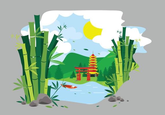 Green bamboo lanscape china illustration