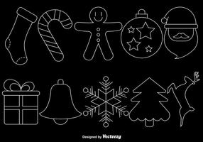 Christmas Line Style Icons On Black Background, Vector Set