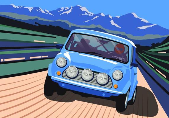 European Style Car Driving Through Mountains Vector
