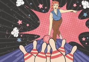 Cómico retro ector Mujer Bowling vector