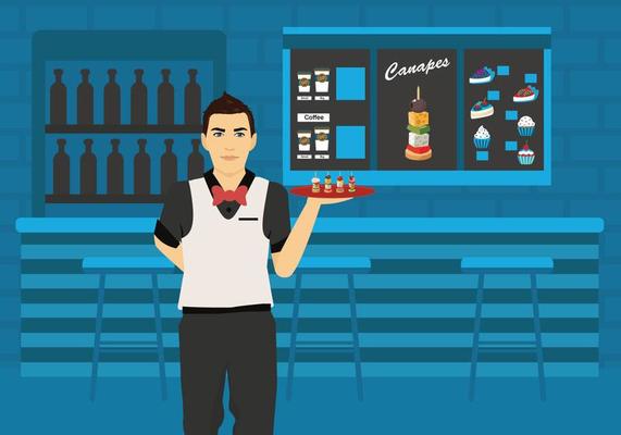 Man Waiter Serving Canapes Vector Illustration