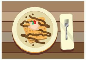 Belgian Waffle With Chocolate And CherryTopping Vector