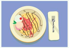 Waffle Topped With Vanilla Ice Cream, Chocolate And Cherry in The Blue Table Vector 