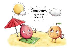 Cute Beach Scene With Cute Character Fruit Taking Sun In Summer vector