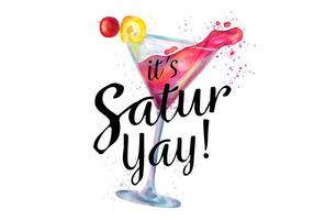 Watercolor Pink Cocktail Drink With Splash To Saturday Night vector
